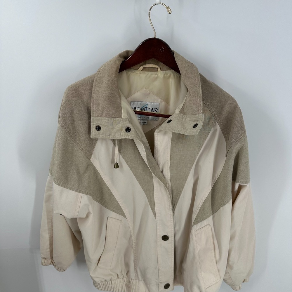 Innovations By Izzi Classic Hiking Snap Front Bomber Jacket Ivory Beige Size L